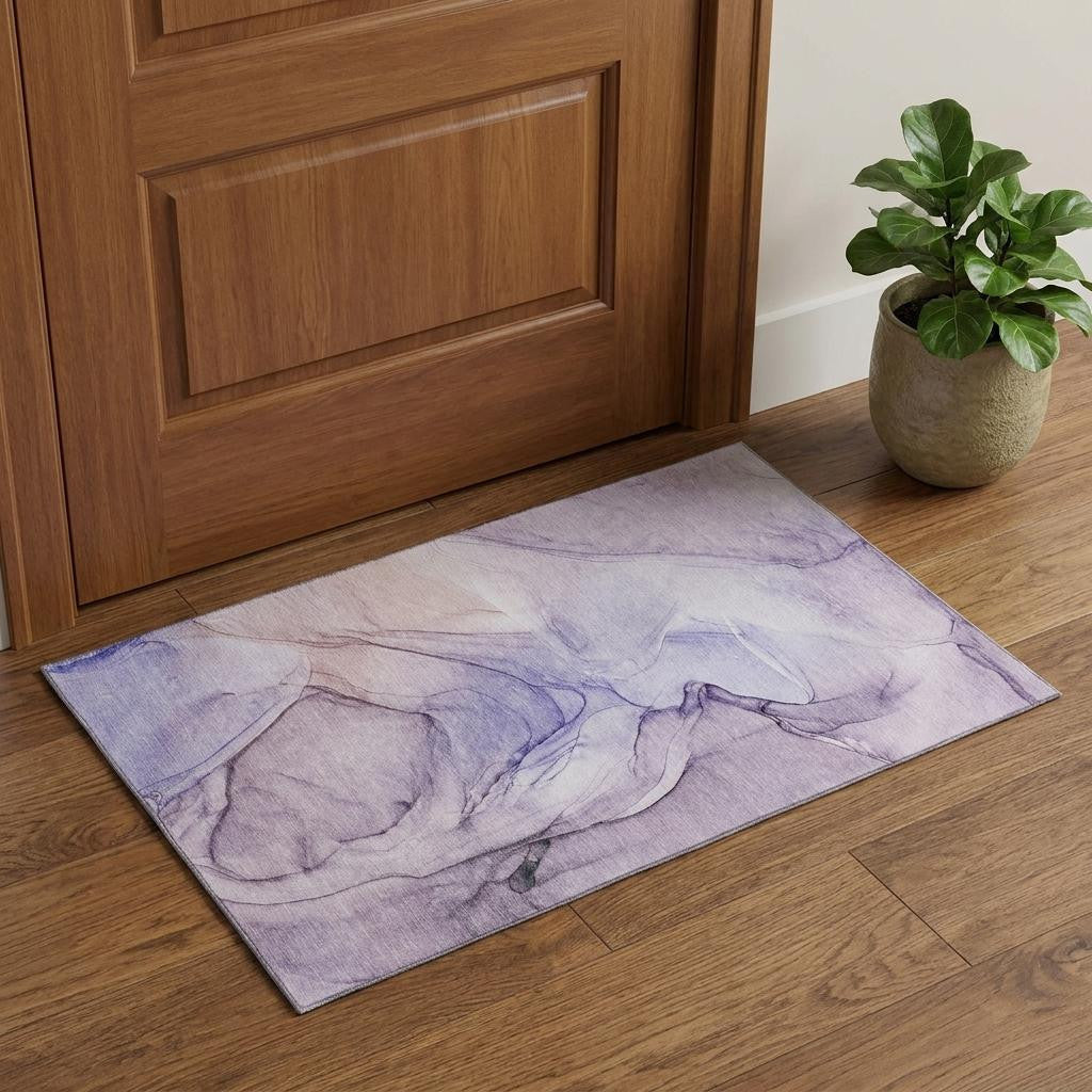 3 X 5 Purple And Ivory Abstract Washable Area Rug With UV Protection