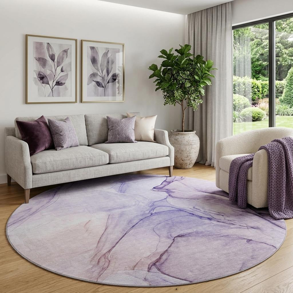 8 Purple And Ivory Abstract Washable Round Rug With UV Protection