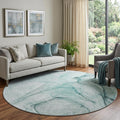 8 Teal And Ivory Abstract Washable Round Rug With UV Protection