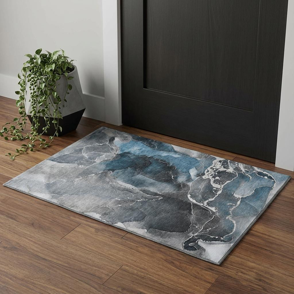 3 X 5 Blue And Charcoal Abstract Washable Area Rug With UV Protection