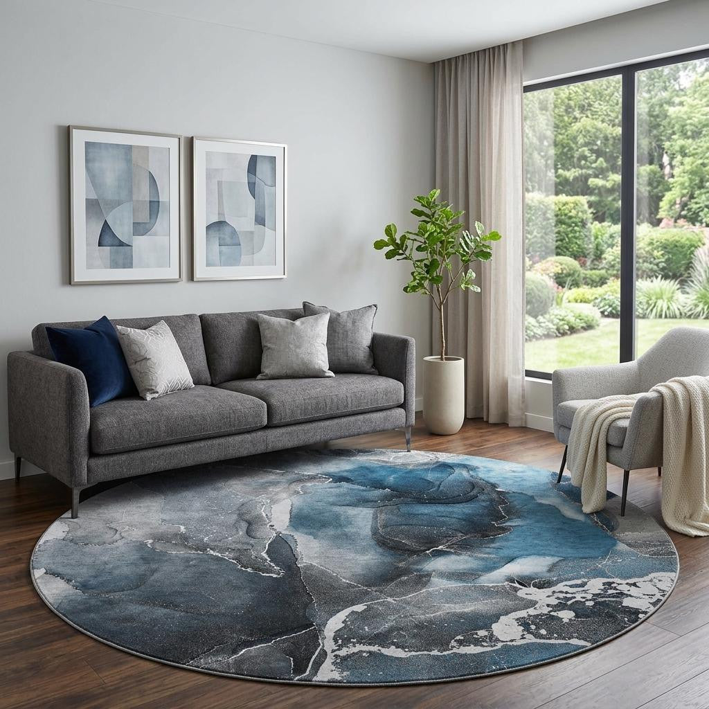 8 Blue And Charcoal Abstract Washable Round Rug With UV Protection