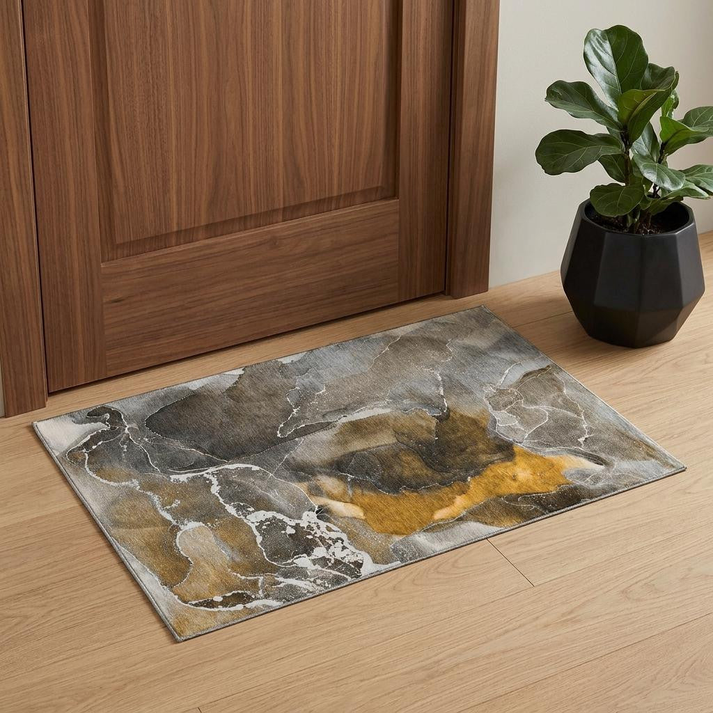 3 X 5 Brown And Ivory Abstract Washable Area Rug With UV Protection