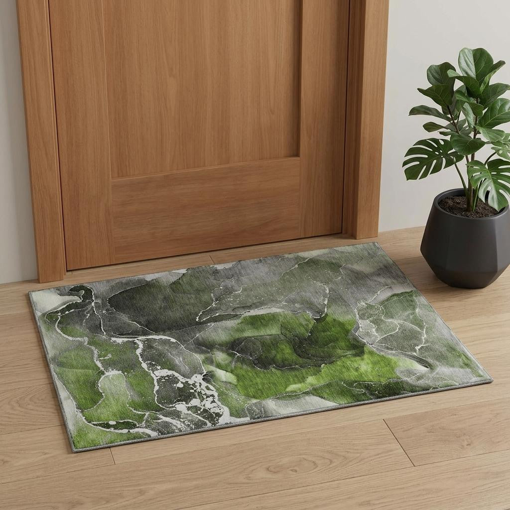 3 X 5 Green And Charcoal Abstract Washable Area Rug With UV Protection