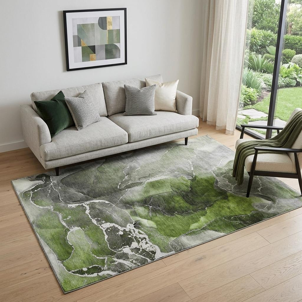 5 X 8 Green And Charcoal Abstract Washable Area Rug With UV Protection