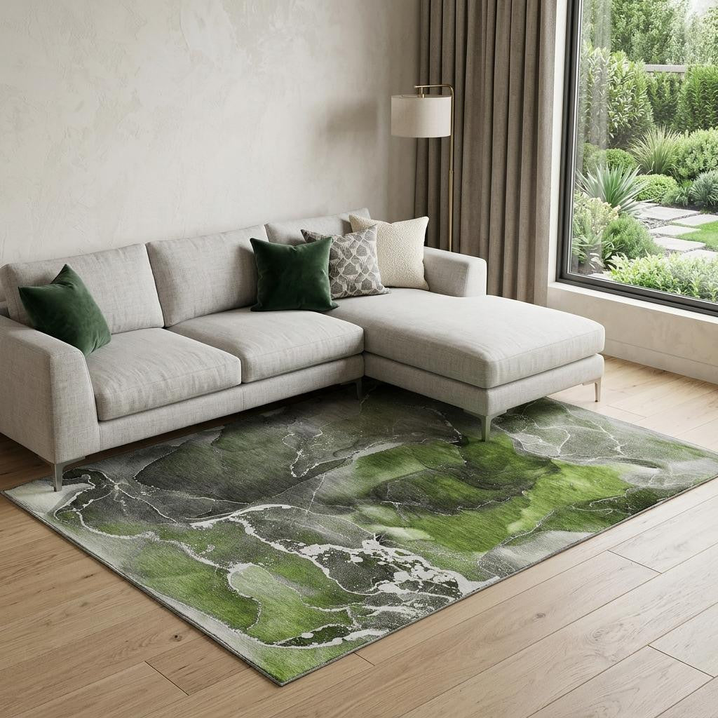 8 X 10 Green And Charcoal Abstract Washable Area Rug With UV Protection