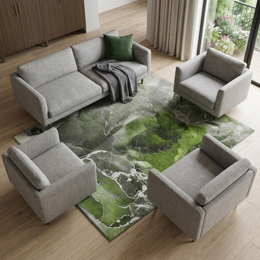 9 X 12 Green And Charcoal Abstract Washable Area Rug With UV Protection