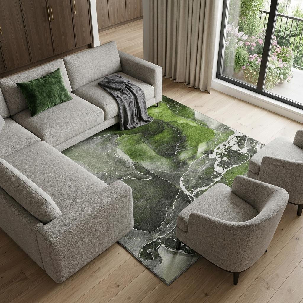 10 X 14 Green And Charcoal Abstract Washable Area Rug With UV Protection