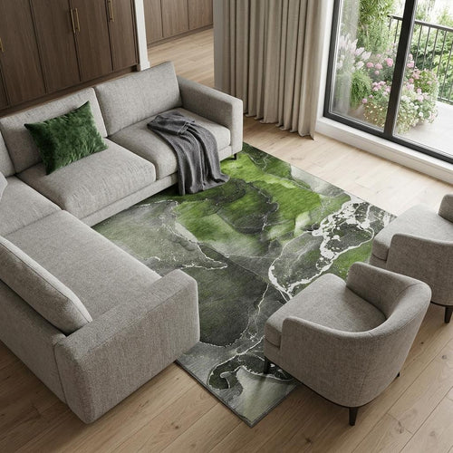 10 X 14 Green And Charcoal Abstract Washable Area Rug With UV Protection