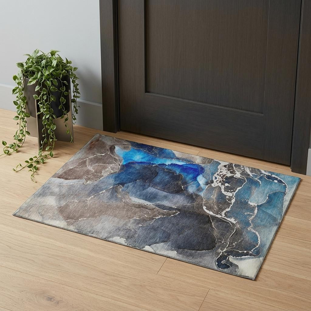 3 X 5 Navy Blue And Charcoal Abstract Washable Area Rug With UV Protection