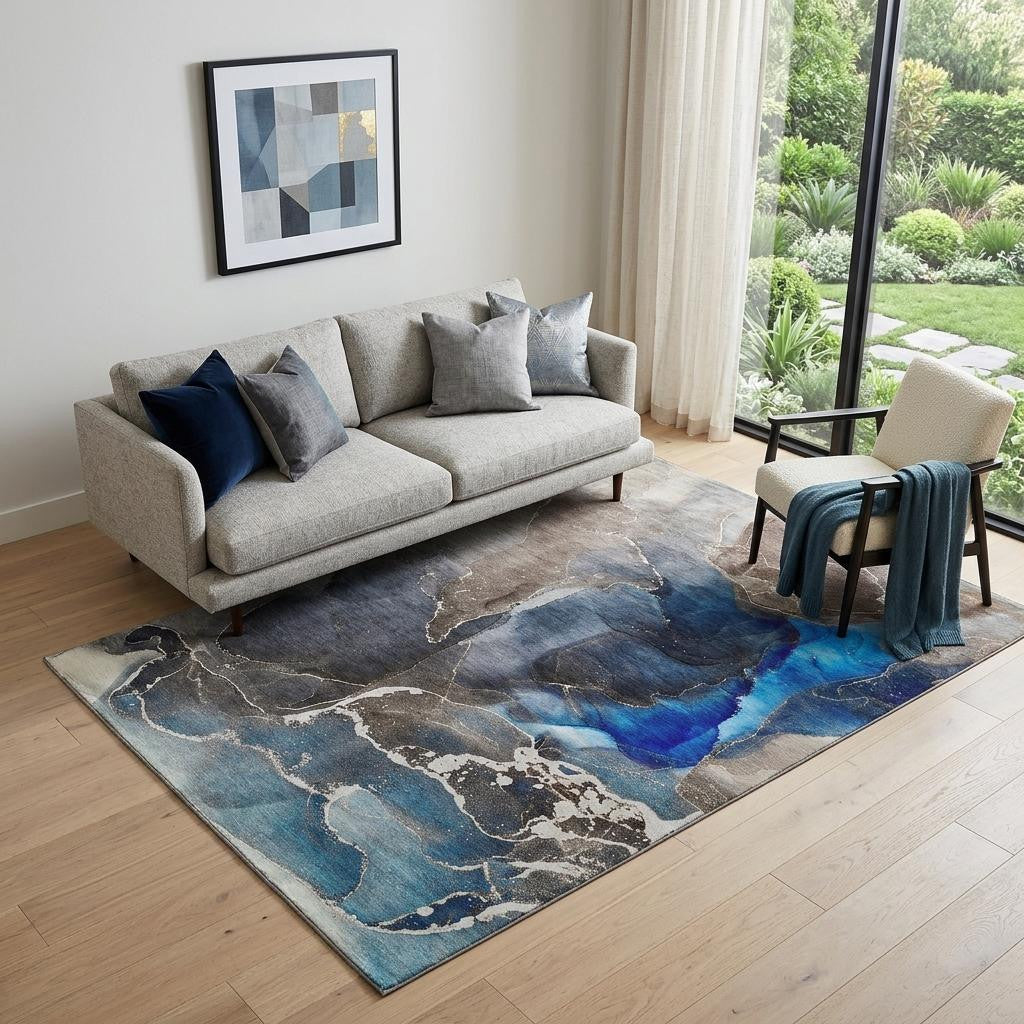 5 X 8 Navy Blue And Charcoal Abstract Washable Area Rug With UV Protection