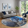 8 Navy Blue And Charcoal Abstract Washable Round Rug With UV Protection