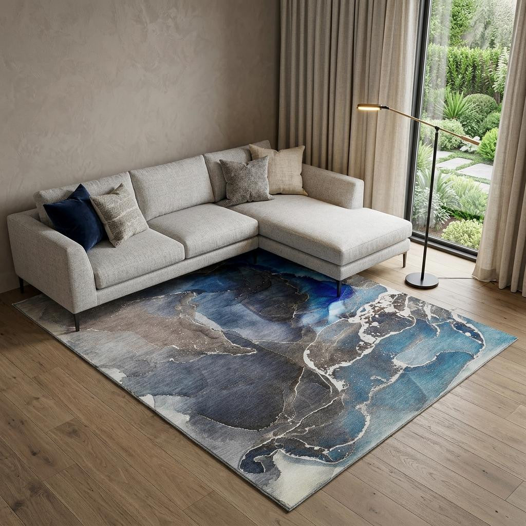 8 X 10 Navy Blue And Charcoal Abstract Washable Area Rug With UV Protection