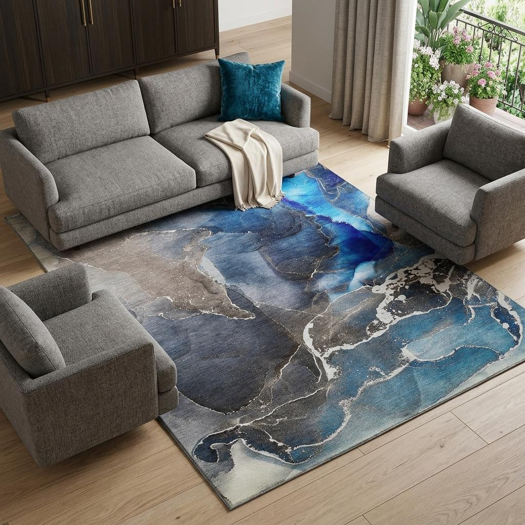 9 X 12 Navy Blue And Charcoal Abstract Washable Area Rug With UV Protection