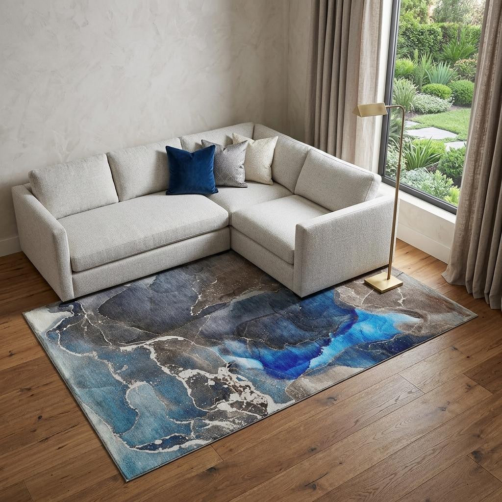 10 X 14 Navy Blue And Charcoal Abstract Washable Area Rug With UV Protection