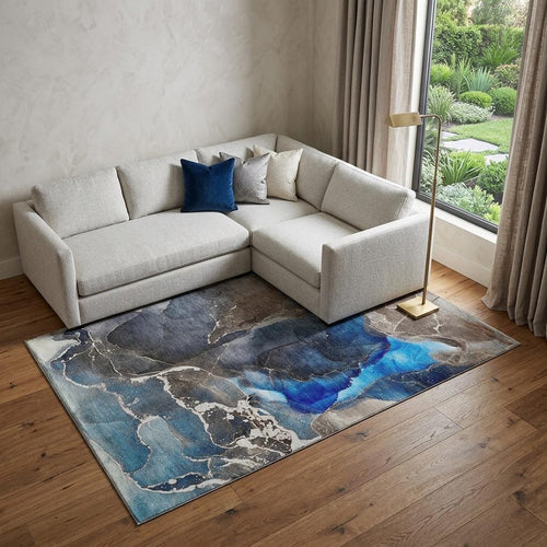 10 X 14 Navy Blue And Charcoal Abstract Washable Area Rug With UV Protection