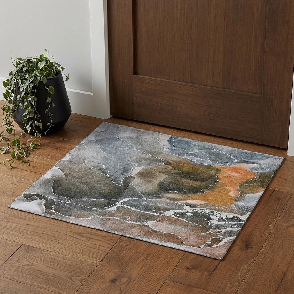 3 X 5 Orange And Charcoal Abstract Washable Area Rug With UV Protection