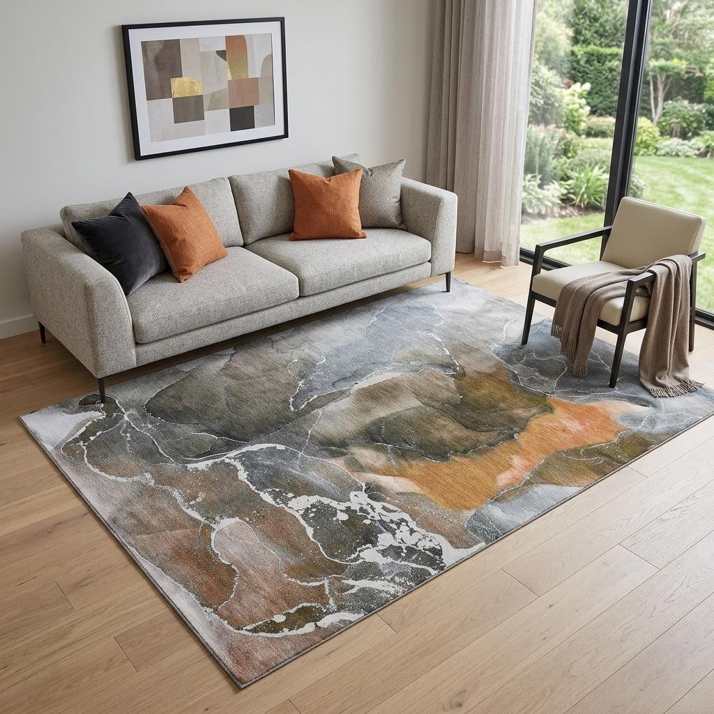 5 X 8 Orange And Charcoal Abstract Washable Area Rug With UV Protection
