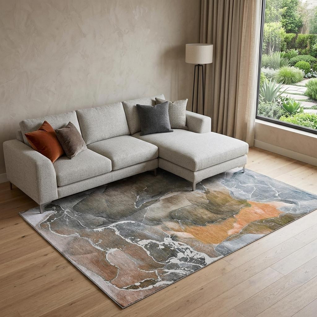 8 X 10 Orange And Charcoal Abstract Washable Area Rug With UV Protection
