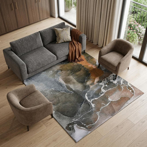 10 X 14 Orange And Charcoal Abstract Washable Area Rug With UV Protection