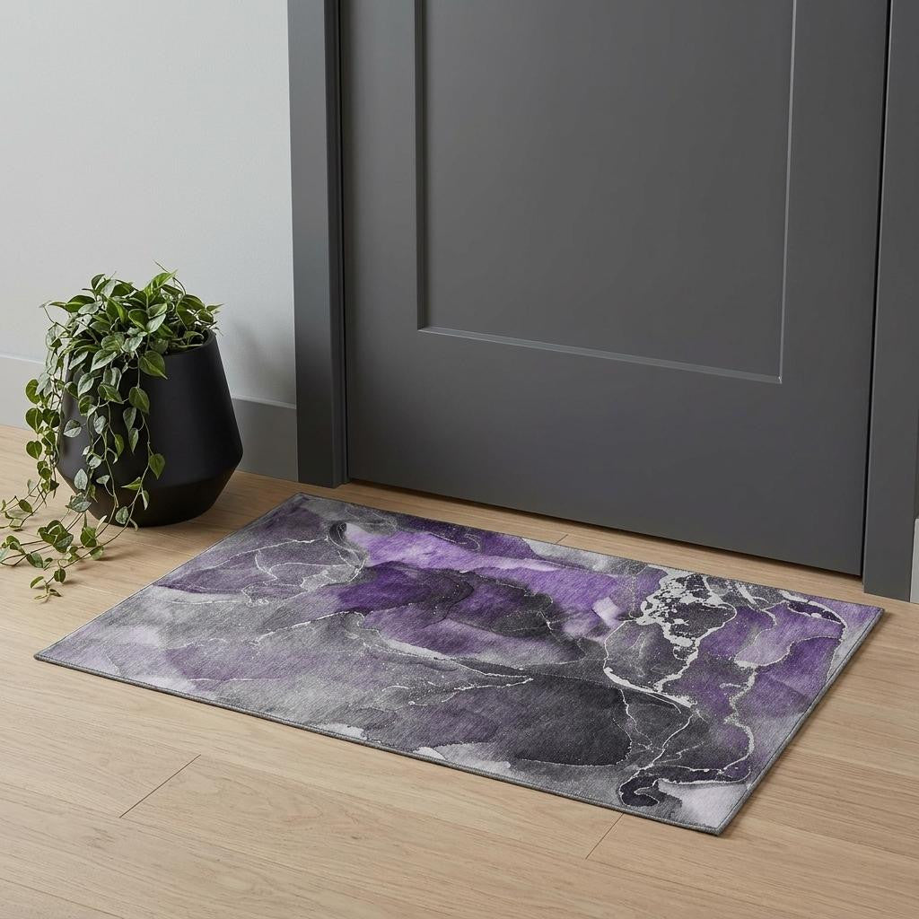 3 X 5 Purple And Charcoal Abstract Washable Area Rug With UV Protection