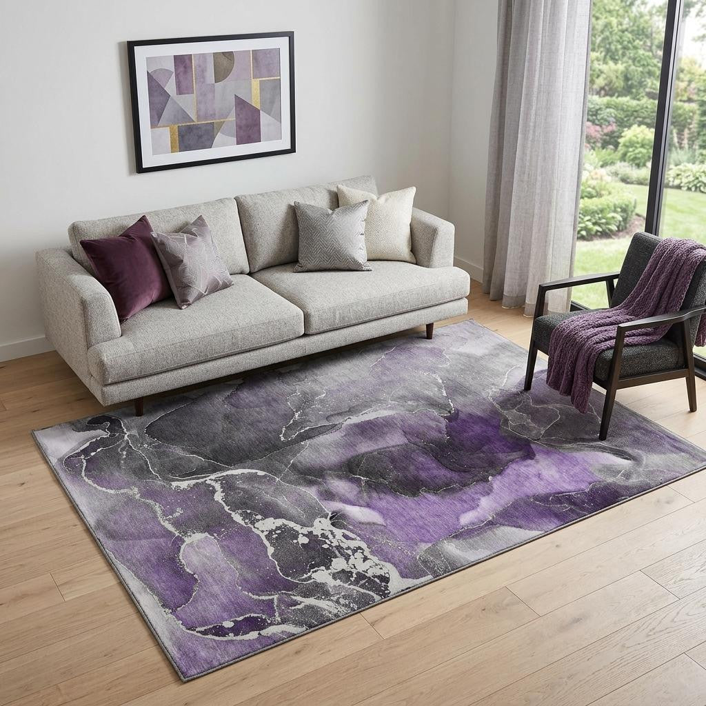 5 X 8 Purple And Charcoal Abstract Washable Area Rug With UV Protection