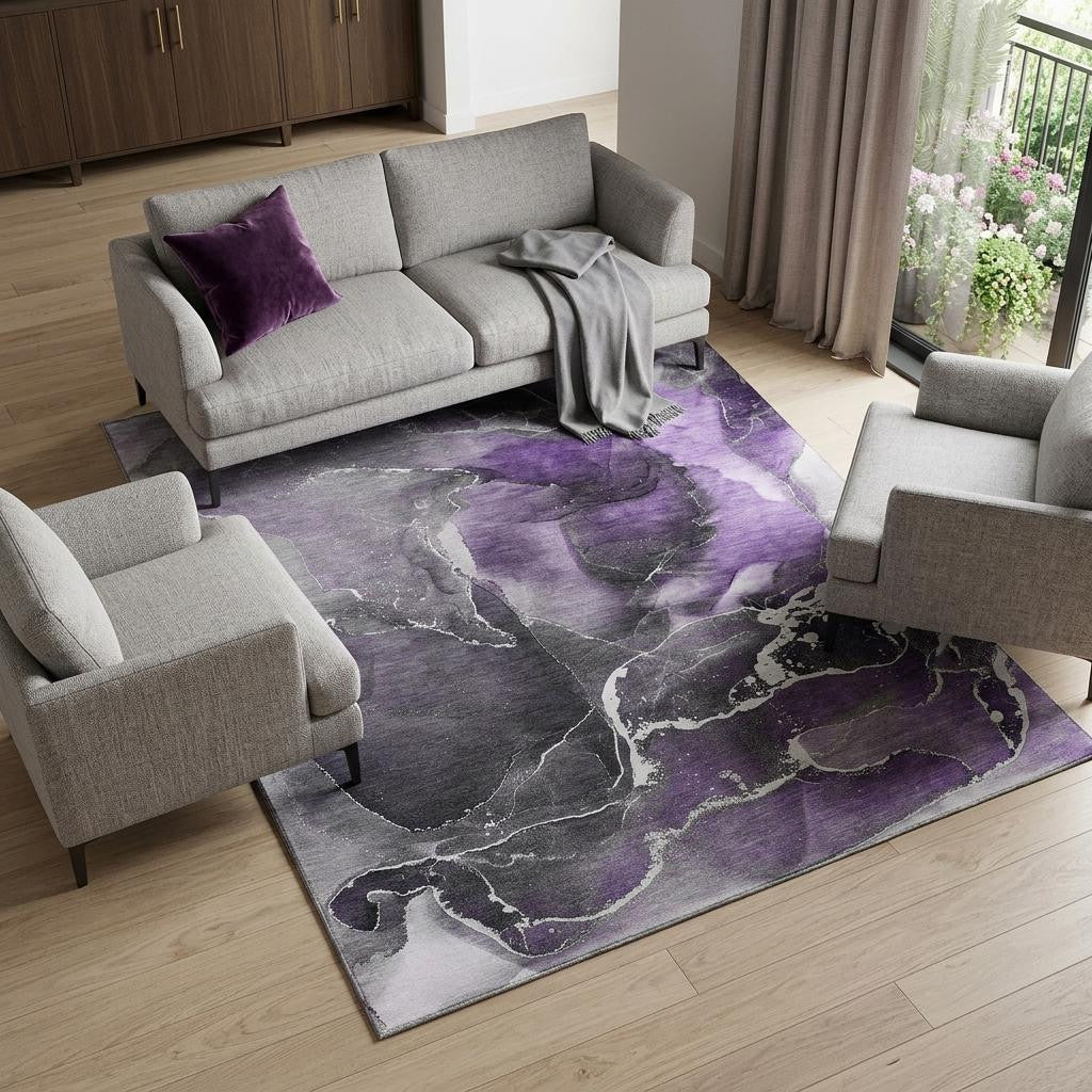 8 X 10 Purple And Charcoal Abstract Washable Area Rug With UV Protection