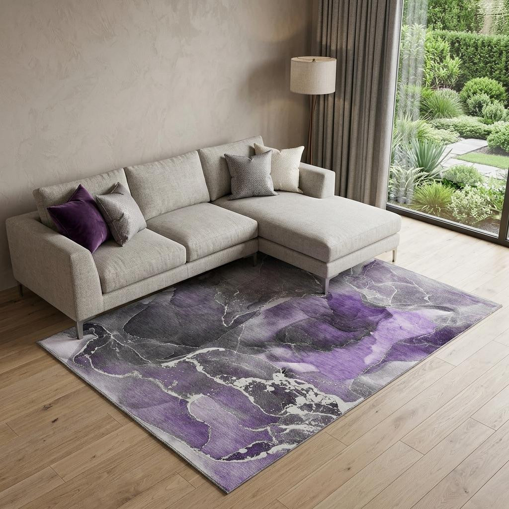 9 X 12 Purple And Charcoal Abstract Washable Area Rug With UV Protection