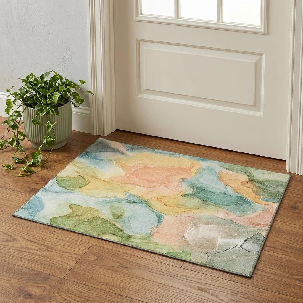 3 X 5 Blue Green And Orange Abstract Washable Area Rug With UV Protection