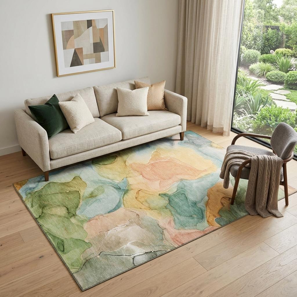 5 X 8 Blue Green And Orange Abstract Washable Area Rug With UV Protection