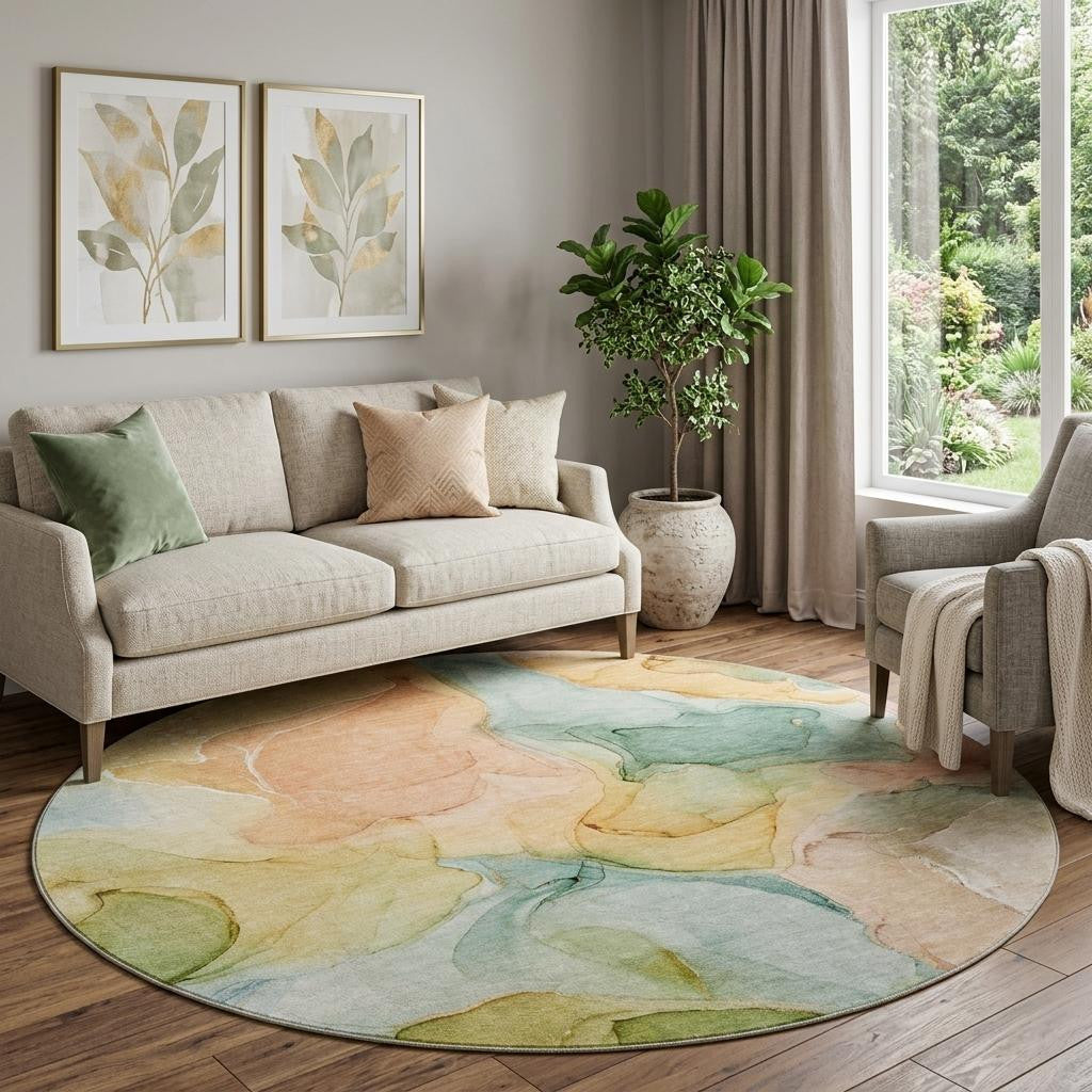 8 Blue Green And Orange Abstract Washable Round Rug With UV Protection