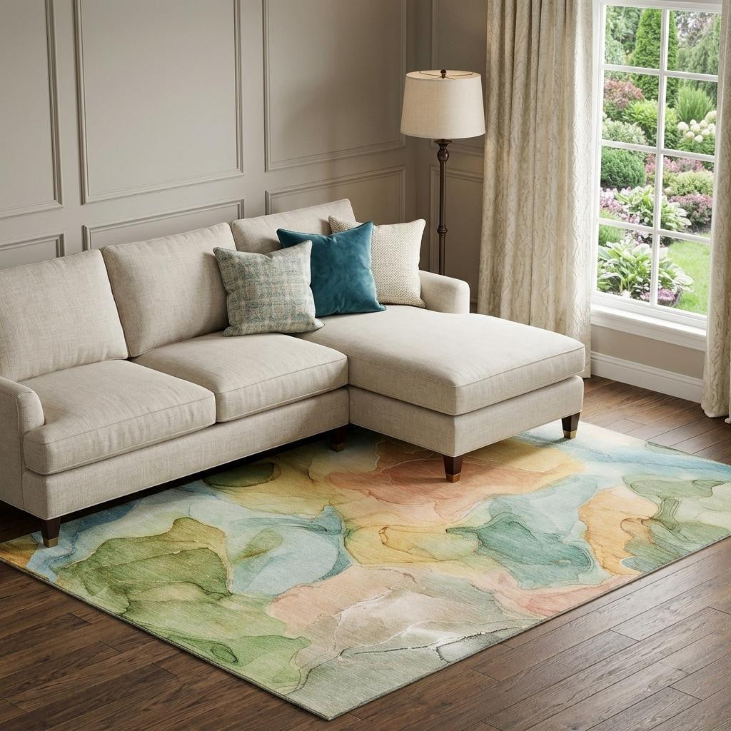 9 X 12 Blue Green And Orange Abstract Washable Area Rug With UV Protection