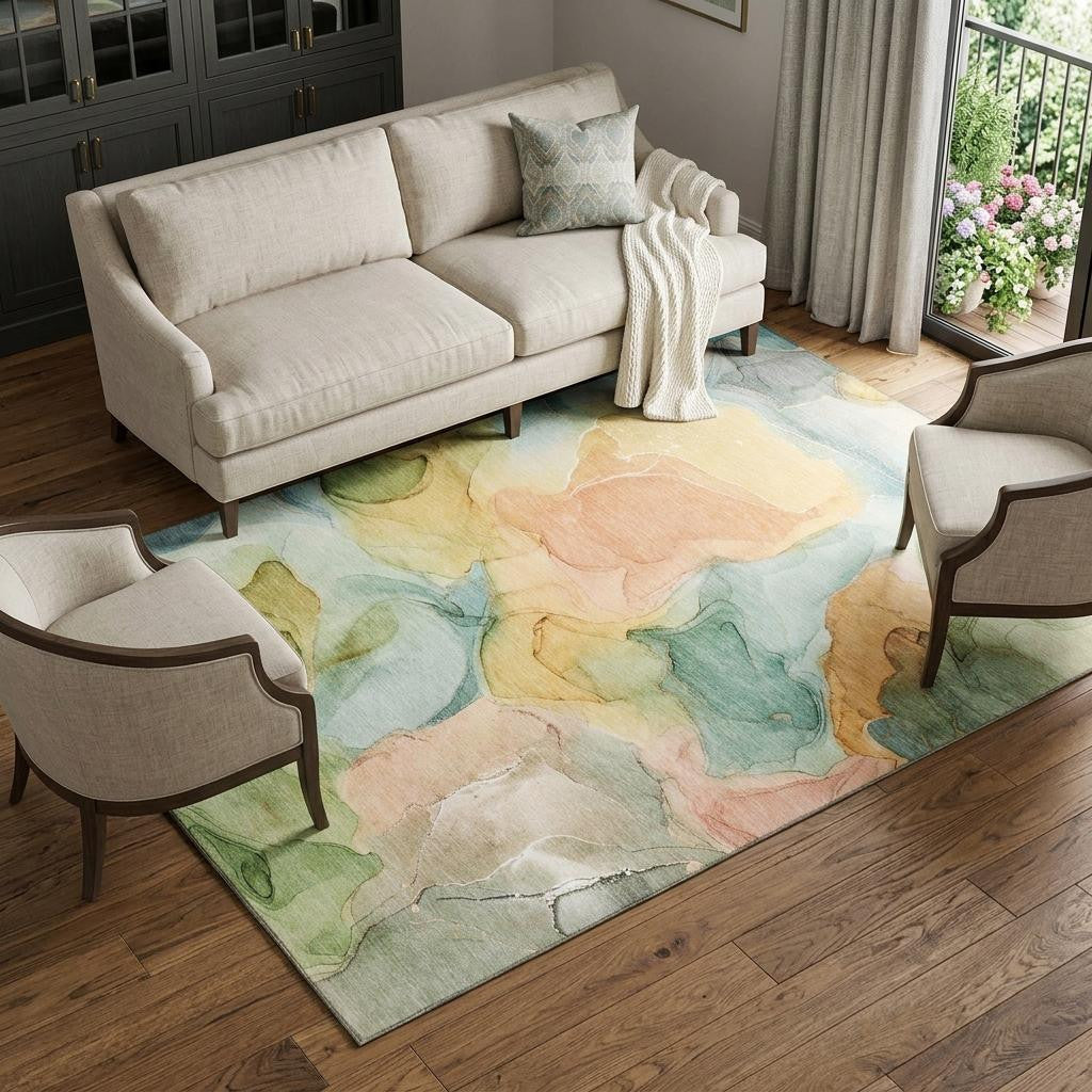 10 X 14 Blue Green And Orange Abstract Washable Area Rug With UV Protection