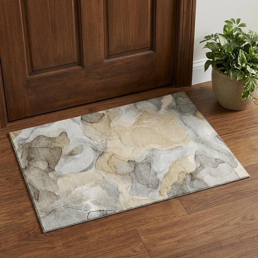 3 X 5 Brown Gray And Ivory Abstract Washable Area Rug With UV Protection