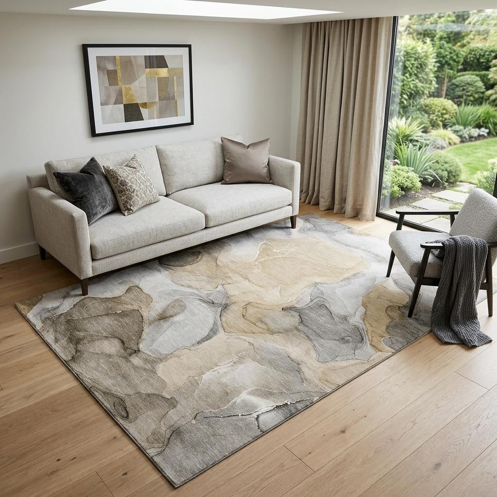 5 X 8 Brown Gray And Ivory Abstract Washable Area Rug With UV Protection