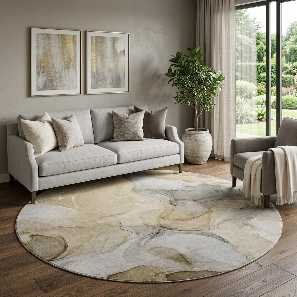 8 Brown Gray And Ivory Abstract Washable Round Rug With UV Protection