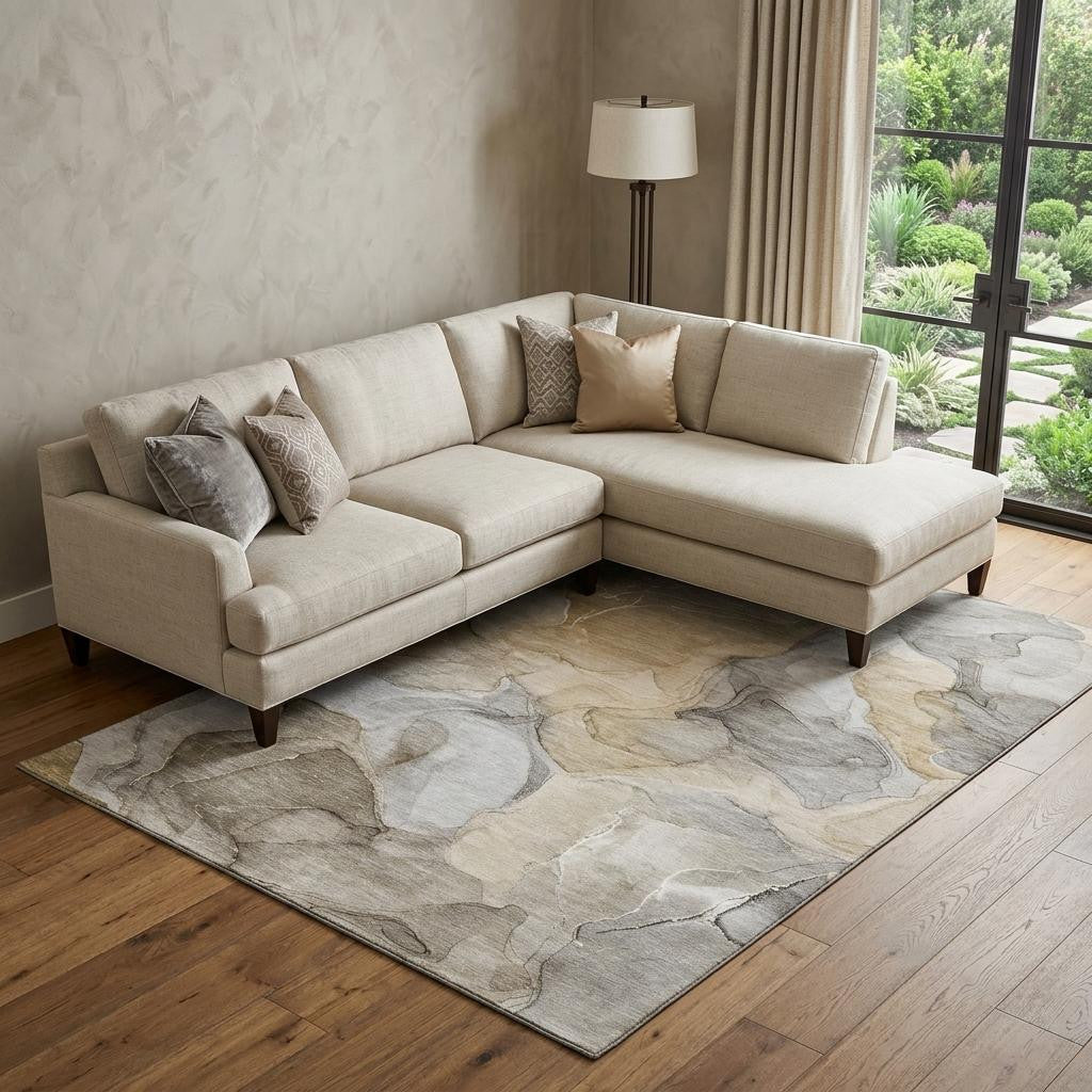 10 X 14 Brown Gray And Ivory Abstract Washable Area Rug With UV Protection