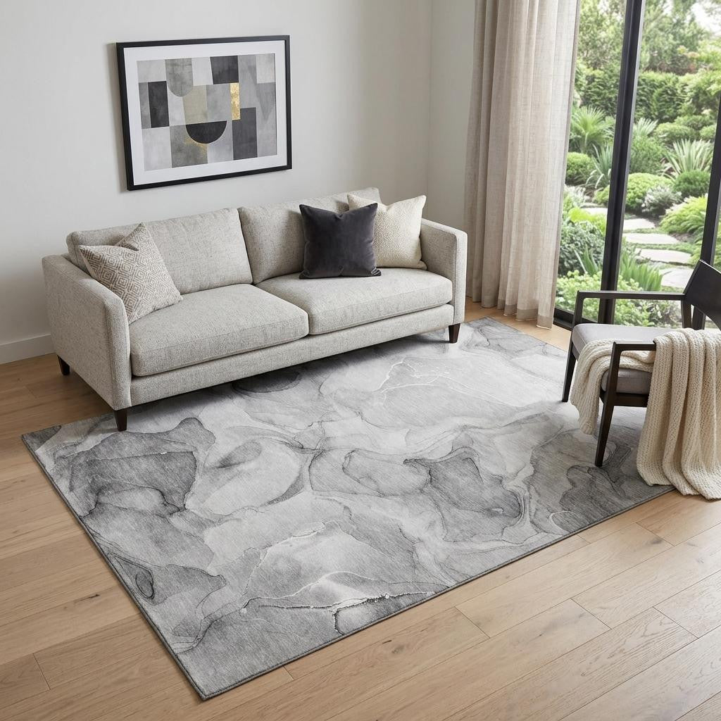 5 X 8 Gray And Ivory Abstract Washable Area Rug With UV Protection