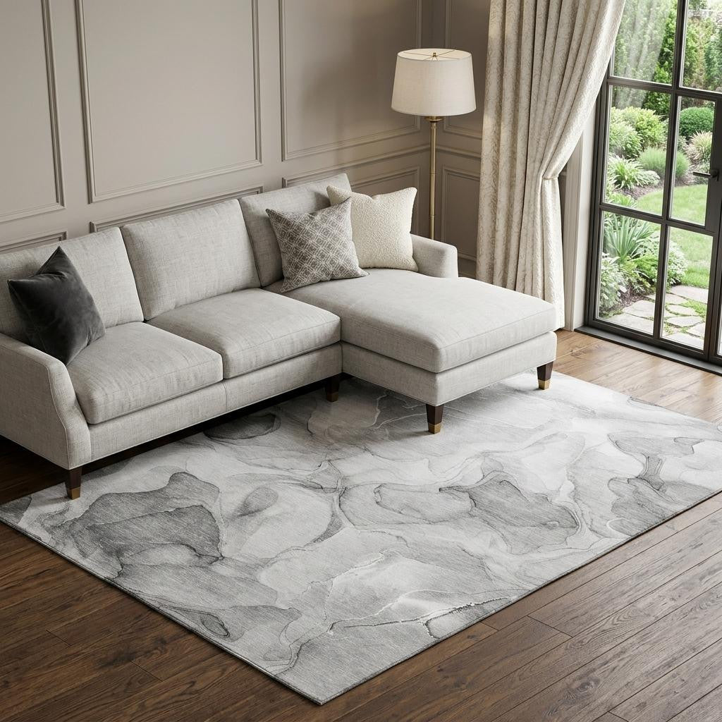 9 X 12 Gray And Ivory Abstract Washable Area Rug With UV Protection