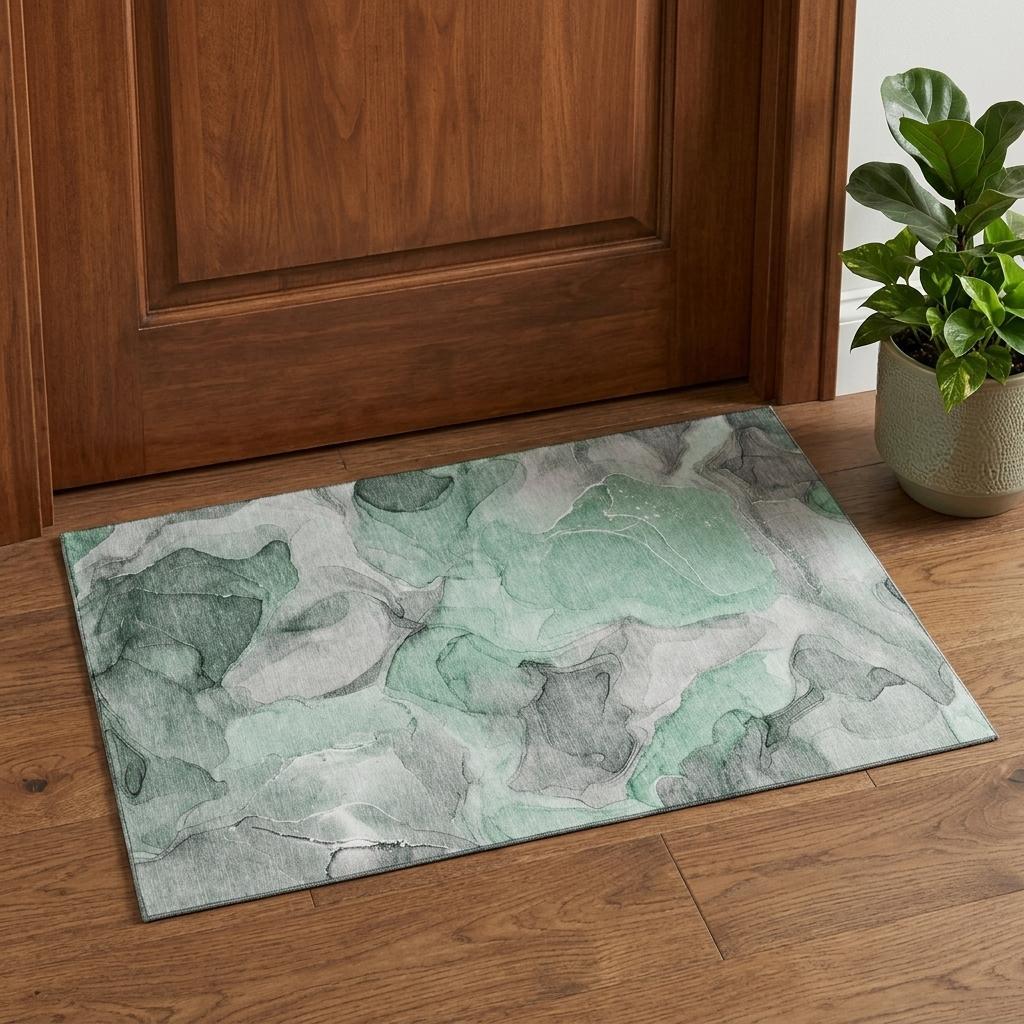 3 X 5 Green Gray And Ivory Abstract Washable Area Rug With UV Protection