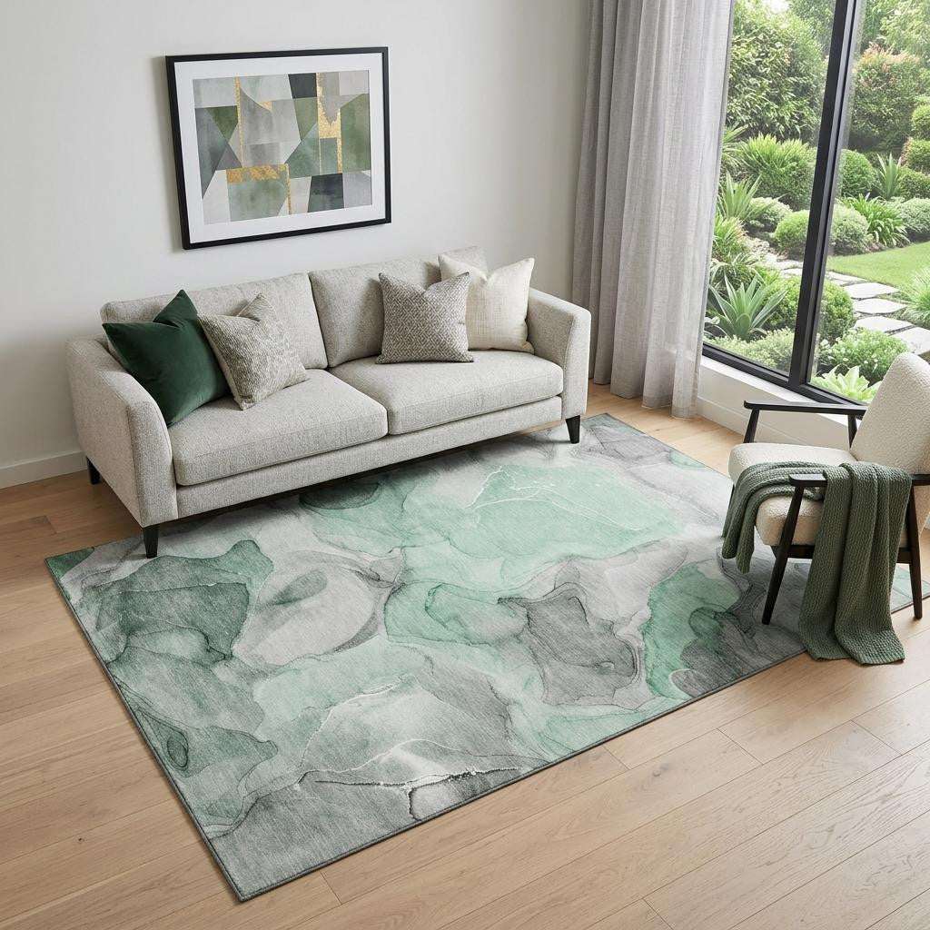 5 X 8 Green Gray And Ivory Abstract Washable Area Rug With UV Protection