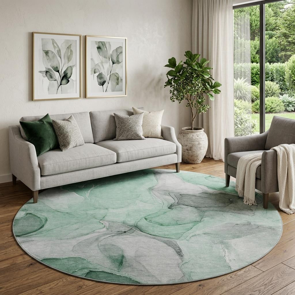 8 Green Gray And Ivory Abstract Washable Round Rug With UV Protection