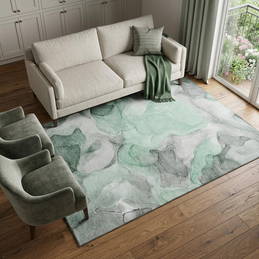 9 X 12 Green Gray And Ivory Abstract Washable Area Rug With UV Protection
