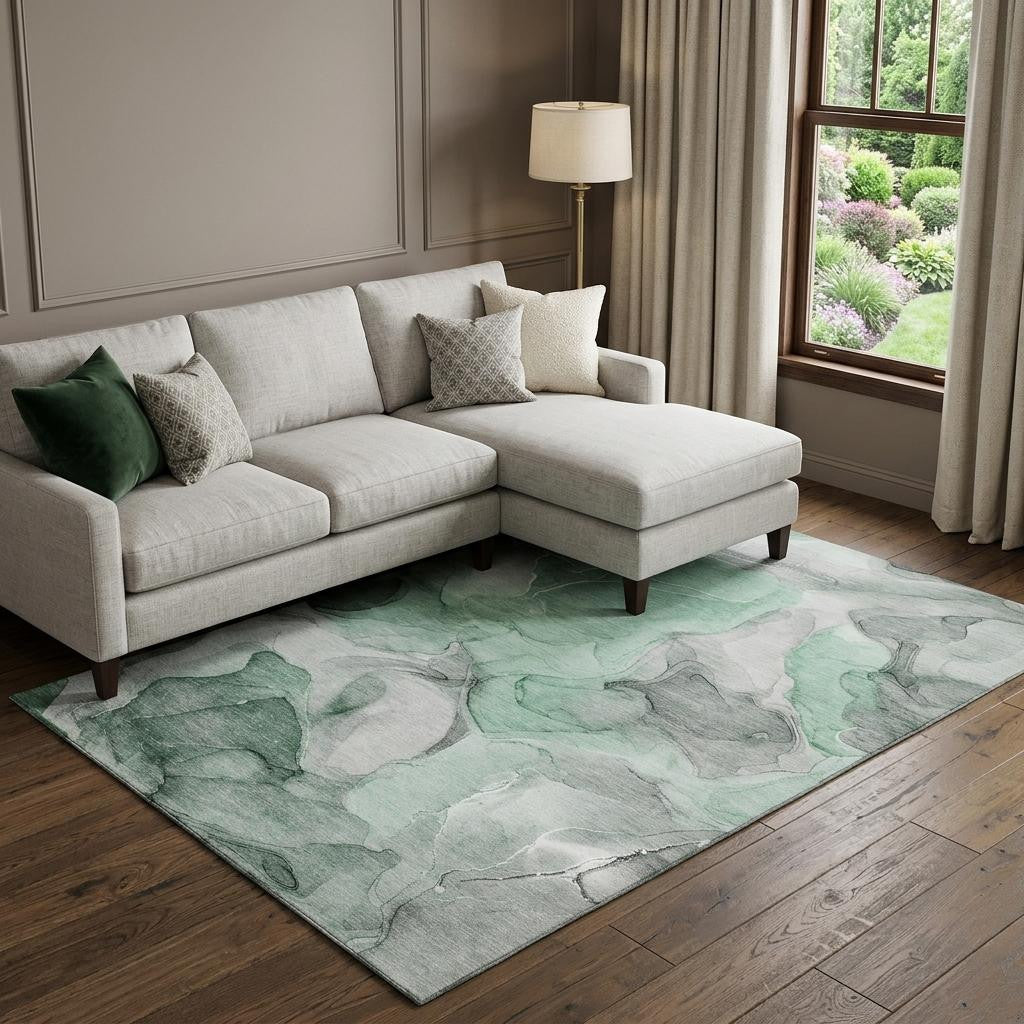 10 X 14 Green Gray And Ivory Abstract Washable Area Rug With UV Protection