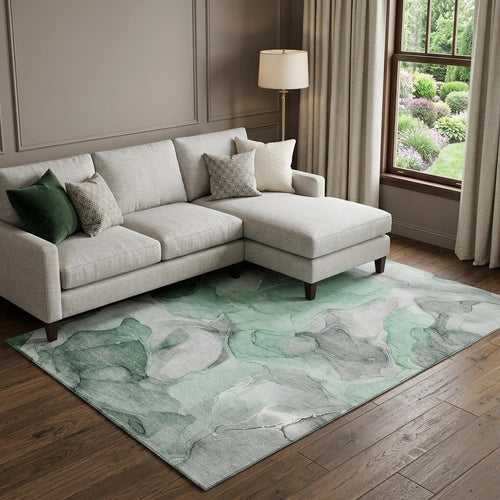 10 X 14 Green Gray And Ivory Abstract Washable Area Rug With UV Protection