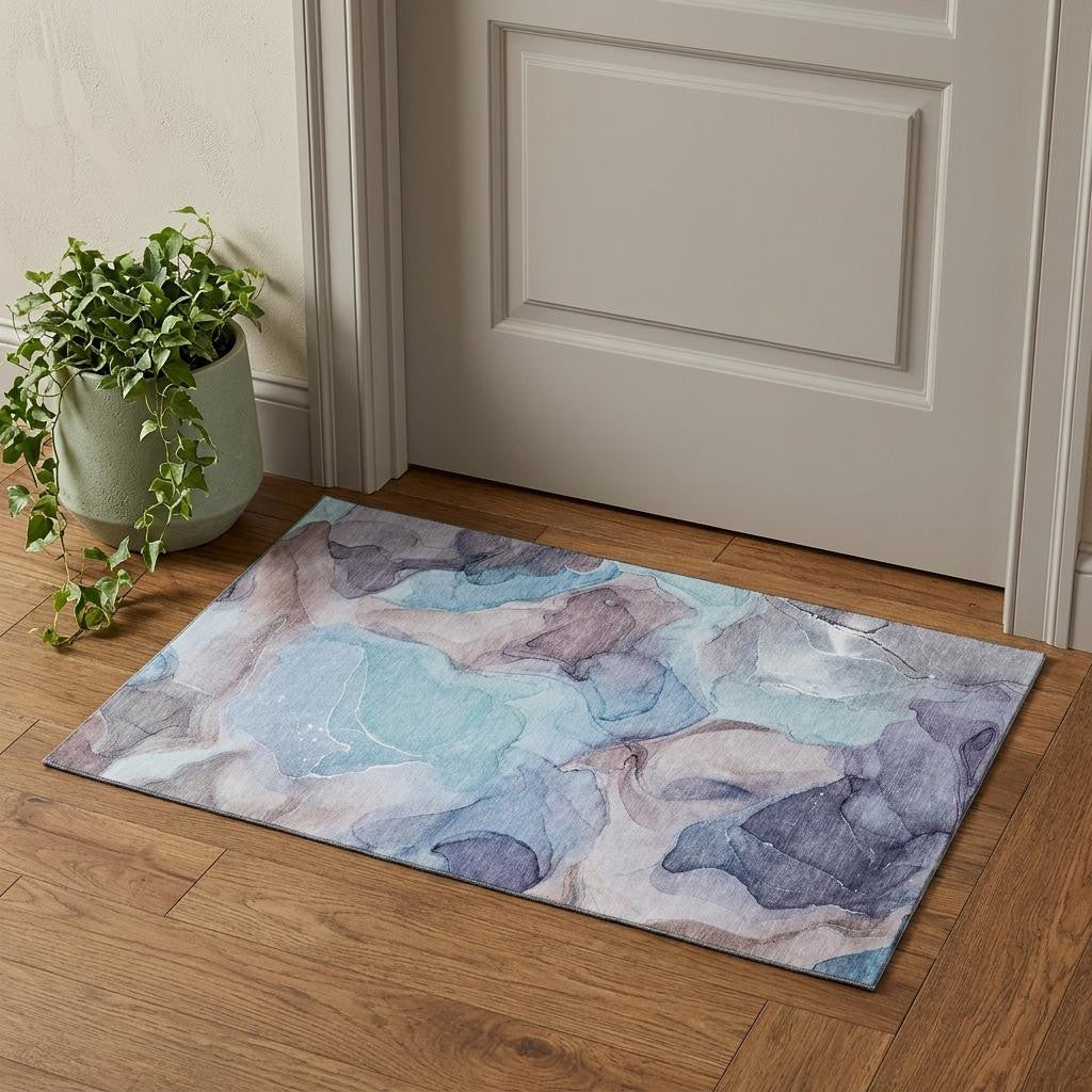 3 X 5 Navy Blue Purple And Gray Abstract Washable Area Rug With UV Protection