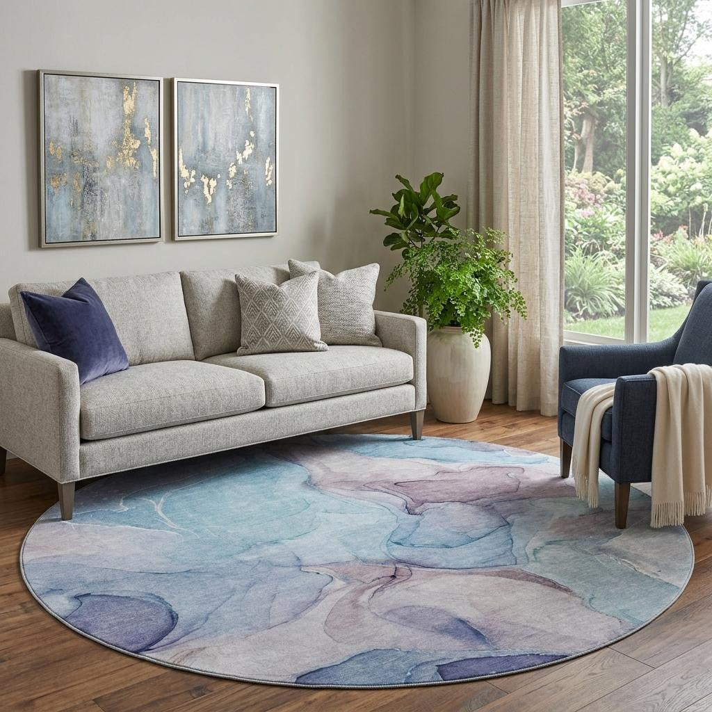 8 Navy Blue Purple And Gray Abstract Washable Round Rug With UV Protection