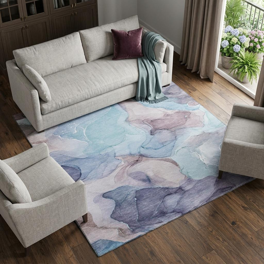 8 X 10 Navy Blue Purple And Gray Abstract Washable Area Rug With UV Protection