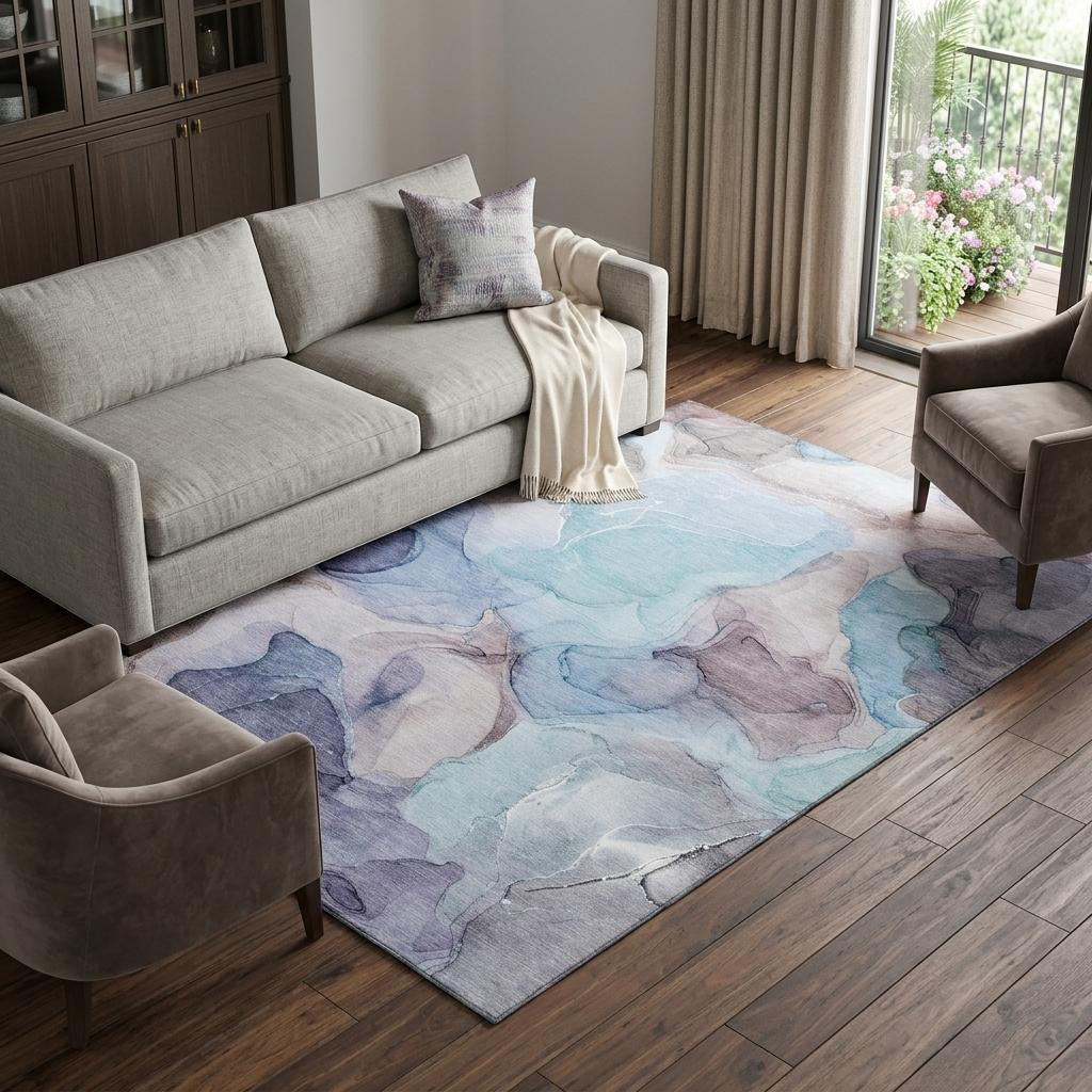 9 X 12 Navy Blue Purple And Gray Abstract Washable Area Rug With UV Protection