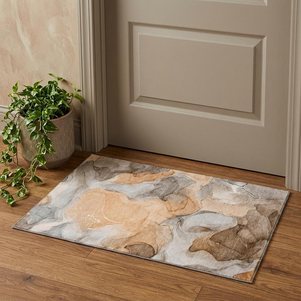 3 X 5 Orange Gray And Ivory Abstract Washable Area Rug With UV Protection