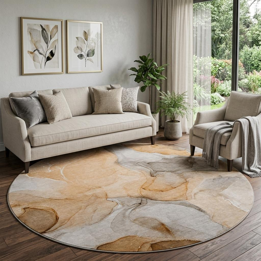 8 Orange Gray And Ivory Abstract Washable Round Rug With UV Protection